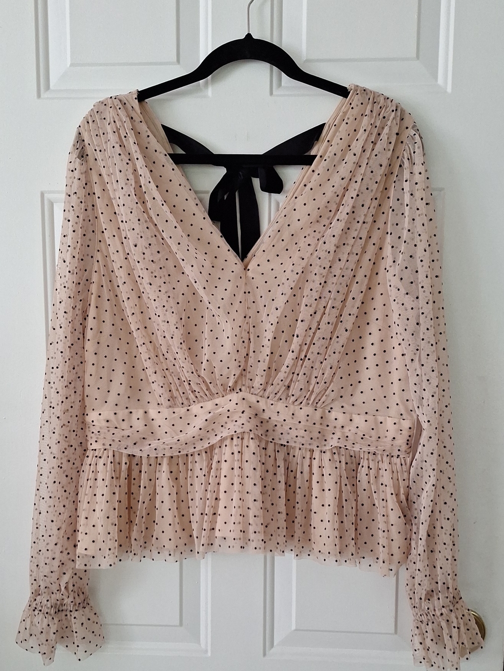 LOFT Blush Pink Polka Dot V-Neck Peplum Top with Back Tie
